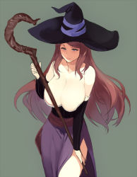 Rule 34 | 1girl, bare shoulders, blue eyes, breasts, cleavage, detached sleeves, dragon&#039;s crown, hat, huge breasts, long hair, sasamori tomoe, side slit, simple background, solo, sorceress (dragon&#039;s crown), staff, witch hat
