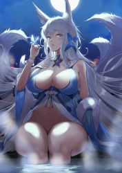 Rule 34 | 1girl, absurdres, animal ear fluff, animal ears, azur lane, blue butterfly, blue collar, blue dress, breasts, bug, butterfly, butterfly on hand, cleavage, collar, dress, evening gown, feather boa, fox ears, full moon, halter dress, halterneck, highres, huge breasts, insect, kitsune, kyuubi, large tail, long hair, looking at viewer, moon, multiple tails, night, no panties, official alternate costume, onsen, purple eyes, sankyo (821-scoville), shinano (azur lane), shinano (dreams of the hazy moon) (azur lane), silver hair, sitting, solo, tail, very long hair, water, white tail, wrist flower