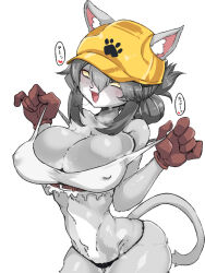 Rule 34 | 1girl, :d, animal ears, animal nose, black panties, blush, breasts, breath, cat ears, cat girl, cat tail, covered erect nipples, crop top, ears through headwear, fang, folded ponytail, furry, furry female, futaba channel, genba neko (character), genba neko (meme), gloves, grey hair, hard hat, helmet, highres, kamen no hito, large breasts, meme, narrow waist, open mouth, panties, paw print, pulling own clothes, shigoto neko, simple background, smile, solo, steaming body, sweat, tail, underwear, white background
