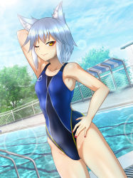 Rule 34 | 1girl, absurdres, animal ears, armpits, blue one-piece swimsuit, blue sky, breasts, chain-link fence, character request, cloud, commentary request, competition swimsuit, copyright request, day, dutch angle, fence, fox ears, groin, hand on own hip, highres, lens flare, looking at viewer, multicolored clothes, multicolored swimsuit, nail polish, one-piece swimsuit, one eye closed, outdoors, pool, pool ladder, presenting armpit, silver hair, sky, small breasts, solo, standing, swimsuit, tree, virtual youtuber, yellow eyes, yurizuku owl