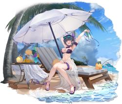 Rule 34 | 1girl, ;d, animal ears, arm garter, armpits, arms up, azur lane, bare legs, beach, beach umbrella, bikini, bird, black hair, breasts, bucket, cat ears, chair, cheshire (azur lane), cheshire (summery date!) (azur lane), chick, choker, cleavage, cup, drinking glass, eyewear on head, fake animal ears, fang, fishing, fishing rod, highres, large breasts, bridal garter, looking at viewer, lounge chair, manjuu (azur lane), multicolored hair, nail polish, navel, no panties, official alternate costume, official art, one eye closed, open mouth, palm tree, purple bikini, sarong, short hair, sitting, slippers, smile, soda bottle, solo, stomach, streaked hair, sunglasses, swimsuit, table, thighs, transparent background, tree, tropical drink, umbrella, yyy (zelda10010)
