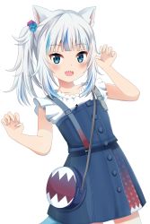 Rule 34 | 1girl, :d, absurdres, animal ears, bag, blue dress, blue eyes, blue hair, blue nails, blush, cat ears, claw pose, collarbone, commentary, cube hair ornament, dress, fins, fish tail, gawr gura, gawr gura (casual), grey hair, hair ornament, hands up, highres, hololive, hololive english, koyuki (azumaya999), looking at viewer, multicolored hair, nail polish, open mouth, shark tail, sharp teeth, shirt, shoulder bag, side ponytail, simple background, sleeveless, sleeveless dress, smile, solo, streaked hair, tail, teeth, virtual youtuber, white background, white shirt