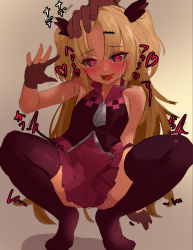Rule 34 | 1boy, 1girl, akatsuki uni, bad id, bad pixiv id, bare shoulders, black skirt, black thighhighs, blush, dark skin, dikko, eyes visible through hair, fang, fang out, fingerless gloves, gloves, hair ornament, hand on another&#039;s head, heart, heart-shaped pupils, highres, long hair, male hand, open mouth, simple background, skirt, solo focus, spread legs, squatting, sweat, symbol-shaped pupils, thighhighs, two side up, uni create, very long hair, virtual youtuber