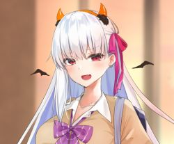 Rule 34 | 1girl, alternate costume, beige sweater, blush, bow, bowtie, breasts, cardigan, collarbone, demon horns, earrings, fang, fate/grand order, fate (series), hair ribbon, hairband, horns, jewelry, kama (fate), large breasts, long hair, long sleeves, looking at viewer, open mouth, pink ribbon, purple bow, purple neckwear, red eyes, ribbon, school uniform, silver hair, yamamura umi