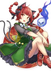 Rule 34 | 1girl, animal ears, ass, black bow, bow, braid, cat ears, cat tail, dress, floating hair, frills, green dress, hair bow, kaenbyou rin, kuroda (chokobo 314), looking at viewer, multiple tails, nail polish, nekomata, red eyes, red hair, red nails, shoes, skull, solo, tail, touhou, twin braids, two tails