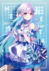 Rule 34 | 1girl, absurdres, blue bow, blue hair, bow, braid, dress, flower, hair ornament, highres, lize helesta, long hair, looking at viewer, multicolored hair, nijisanji, open mouth, purple eyes, saine, scan, sleeveless, smile, solo, striped, striped bow, very long hair, virtual youtuber, white hair