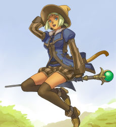 Rule 34 | 00s, 1girl, black mage (final fantasy), broom, broom riding, female focus, final fantasy, final fantasy xi, flying, hat, mithra (ff11), nature, outdoors, sidesaddle, sky, solo, staff, tail, thighhighs, witch hat, yuccoshi