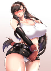 Rule 34 | 1girl, ass, blush, breasts, brown hair, cleavage, clothes pull, covered erect nipples, cowboy shot, curvy, final fantasy, final fantasy vii, highres, kumakichi (cost-lost), large breasts, long hair, midriff, navel, open mouth, panties, pantyshot, pussy juice, red eyes, skirt, skirt pull, solo, suspenders, sweat, tank top, thighs, tifa lockhart, underwear, white panties, wide hips