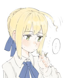 Rule 34 | ..., 1girl, ahoge, artoria pendragon (all), artoria pendragon (fate), blonde hair, blue ribbon, blush, collared shirt, expressive hair, fate/stay night, fate (series), green eyes, hair bun, hair ribbon, twirling hair, highres, long sleeves, looking to the side, neck ribbon, ribbon, saber (fate), sad, shirt, sidelocks, simple background, sketch, solo, spoken ellipsis, tenoo12, upper body, white background, white shirt, wilted ahoge