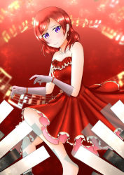 Rule 34 | 1girl, artist name, artist request, bare shoulders, black gloves, blush, bow, breasts, cleavage, collarbone, dress, earrings, female focus, flower, gloves, hair between eyes, instrument, jewelry, looking at viewer, love live!, love live! school idol festival, love live! school idol festival all stars, love live! school idol project, masa sevenred, musical note, necklace, nishikino maki, pearl necklace, piano, purple eyes, red background, red bow, red dress, red hair, red skirt, rose, short hair, skirt, small breasts, solo, striped, striped bow