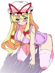 Rule 34 | 1girl, blonde hair, blush, bow, breasts, cleavage, female focus, garter straps, hair bow, hat, hyouju issei, lace, lace-trimmed legwear, lace trim, large breasts, long hair, looking at viewer, pink thighhighs, purple eyes, solo, thighhighs, touhou, yakumo yukari