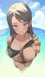 Rule 34 | 1girl, absurdres, bare shoulders, black hair, black one-piece swimsuit, blush, breasts, breasts out, chestnut mouth, clothes lift, collarbone, commission, dark-skinned female, dark skin, fisheye, from above, hand on own thigh, highres, large breasts, long hair, looking at viewer, multicolored hair, nipples, ocean, one-piece swimsuit, open mouth, original, purple eyes, sideless outfit, sky, streaked hair, swept bangs, swimsuit, swimsuit lift, thighs, twin (tt lsh), upturned eyes, wading, water