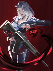 Rule 34 | 1girl, absurdres, animification, assault rifle, black lips, black nails, blue eyes, breasts, cleavage, collarbone, fade (apex legends), gradient hair, grey hair, gun, highres, holding, holding gun, holding weapon, jewelry, long hair, medium breasts, multicolored hair, multiple rings, nose piercing, nose ring, one eye covered, open hand, parted lips, piercing, red background, rei1028, rifle, ring, scar, scar across eye, smile, solo, trigger discipline, valorant, weapon, white hair