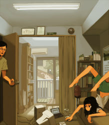 Rule 34 | 1boy, 1girl, age difference, arched back, backpack, bag, barefoot, bedroom, black hair, book, bookshelf, brown eyes, calendar, chest stand, computer, couch, door, expressionless, father and daughter, feet, flexible, glasses, indoors, keyboard (computer), laptop, legs, long hair, mouse (computer), open mouth, original, shorts, spread toes, toes, tomioka jirou, upside-down, walk-in, yoga