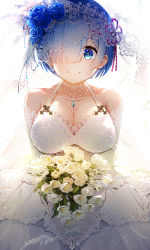 Rule 34 | 1girl, alternate costume, baisi shaonian, bare shoulders, blue eyes, blue flower, blue hair, blue rose, blush, bouquet, breasts, bridal veil, bride, cleavage, closed mouth, collarbone, commentary request, detached sleeves, dress, elbow gloves, eyes visible through hair, flower, gloves, hair flower, hair ornament, hair over one eye, hair ribbon, highres, holding, holding bouquet, jewelry, large breasts, looking at viewer, necklace, pink ribbon, re:zero kara hajimeru isekai seikatsu, rem (re:zero), ribbon, rose, short hair, smile, solo, veil, wedding dress, white dress, white flower, white gloves, x hair ornament