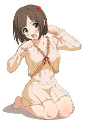 Rule 34 | 1girl, :d, barefoot, bob cut, brown hair, commentary request, dress, fang, flower, green eyes, hair flower, hair ornament, highres, idolmaster, idolmaster cinderella girls, long sleeves, maekawa miku, open mouth, paw pose, short hair, simple background, sincos, sitting, smile, solo, wariza, white background, white dress