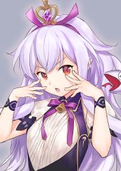 Rule 34 | 1girl, commentary request, crown, gem, granblue fantasy, grey background, hands on own cheeks, hands on own face, light purple hair, medusa (shingeki no bahamut), mini crown, open mouth, pointy ears, red eyes, sekiya asami, snake, solo, spread fingers, v-shaped eyebrows, wavy hair