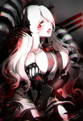 Rule 34 | 1girl, abyssal ship, artist name, batavia princess, black gloves, blush, breasts, colored skin, covered erect nipples, dated, elbow gloves, gloves, glowing, gradient background, hair ornament, hair over one eye, headgear, hi ye, highres, kantai collection, large breasts, long hair, open mouth, red eyes, solo, tongue, tongue out, turret, very long hair, white hair, white skin