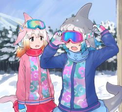 Rule 34 | 2girls, blowhole, blue hair, blue jacket, blue neckwear, blue skirt, blush, cetacean tail, chinese white dolphin (kemono friends), common bottlenose dolphin (kemono friends), dorsal fin, fins, fish tail, gloves, goggles, goggles on head, grey hair, highres, jacket, kemono friends, kemono friends 3, long sleeves, matching outfits, multicolored hair, multiple girls, official alternate costume, orange hair, pink hair, pink jacket, pleated skirt, red neckwear, red skirt, rumenia (ao2is), scarf, short twintails, skirt, tail, twintails, white hair, winter clothes