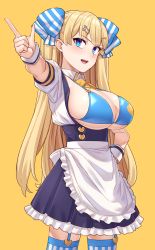 Rule 34 | 1girl, apron, arm up, bikini, bikini top only, blonde hair, blue bikini, blue eyes, blue thighhighs, blunt bangs, bow, breasts, cleavage, commentary request, cowboy shot, garter straps, hair bow, heart, highres, large breasts, lina (michihasu), long hair, looking at viewer, michihasu, multicolored eyes, open clothes, open mouth, open shirt, original, pointing, puffy short sleeves, puffy sleeves, purple eyes, short sleeves, simple background, skindentation, solo, string bikini, striped bow, striped clothes, striped thighhighs, swimsuit, thighhighs, thighs, two side up, underboob, waist apron, yellow background, zettai ryouiki