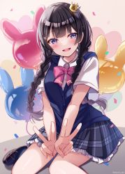 Rule 34 | 1girl, balloon, black hair, black socks, blue eyes, blush, bow, braid, brown footwear, cardigan vest, collared shirt, commentary request, confetti, crown, double v, dress shirt, frilled skirt, frills, grey skirt, hair ornament, hairclip, loafers, long hair, low twintails, mini crown, nijisanji, pink bow, plaid, plaid skirt, pleated skirt, sakura hiyori, shirt, shoes, sitting, skirt, socks, solo, tilted headwear, tsukino mito, tsukino mito (3rd costume), twin braids, twintails, twitter username, v, very long hair, virtual youtuber, white shirt