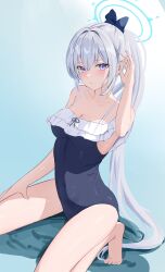 Rule 34 | 1girl, absurdres, bare arms, bare legs, bare shoulders, barefoot, black one-piece swimsuit, blue archive, blue halo, blush, breasts, casual one-piece swimsuit, closed mouth, collarbone, frilled one-piece swimsuit, frills, grey hair, hair between eyes, halo, highres, long hair, looking at viewer, miyako (blue archive), miyako (swimsuit) (blue archive), official alternate costume, official alternate hairstyle, one-piece swimsuit, pharmarr, ponytail, purple eyes, small breasts, solo, swimsuit