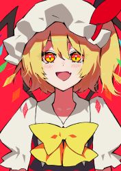 Rule 34 | 1girl, :d, blonde hair, blush, bow, bowtie, commentary, crystal, fang, flandre scarlet, futoumeido, hair between eyes, hat, hat ribbon, highres, looking at viewer, mob cap, one-hour drawing challenge, one side up, open mouth, orange eyes, puffy short sleeves, puffy sleeves, red background, red ribbon, ribbon, shirt, short hair, short sleeves, simple background, skin fang, slit pupils, smile, solo, touhou, upper body, white hat, white shirt, wings, yellow bow, yellow bowtie