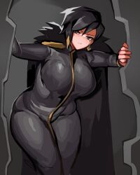 Rule 34 | 1girl, absurdres, bent over, binah (project moon), black bodysuit, black cape, black eyes, black hair, blonde hair, bodysuit, breasts, cape, closed mouth, earrings, full-length zipper, fur-trimmed cape, fur trim, highres, holding, jewelry, large breasts, light blush, lobotomy corporation, mole, mole under eye, morchkins, multicolored hair, project moon, short hair, single earring, solo, streaked hair, thick thighs, thighs, two-tone hair, zipper