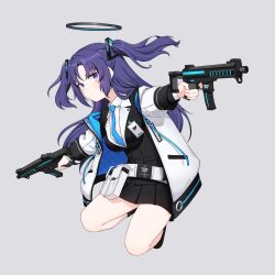 Rule 34 | 1girl, absurdres, artpatient, blazer, blue archive, blue halo, blue necktie, closed mouth, commentary, full body, grey background, gun, halo, highres, holding, holding gun, holding weapon, jacket, long hair, looking at viewer, necktie, purple eyes, purple hair, shirt, sig mpx, simple background, solo, submachine gun, thighs, weapon, white jacket, white shirt, yuuka (blue archive)