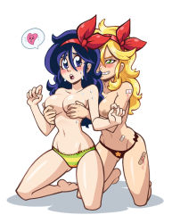Rule 34 | 2girls, belly, blonde hair, blue eyes, blue hair, blush, breasts, dragon ball, eyebrows, green eyes, heart, itsdatskelebutt, long hair, lunch (dragon ball), matching hair/eyes, multiple girls, nipples, open mouth, panties, selfcest, simple background, smile, stomach, teeth, topless, underwear, white background, yuri