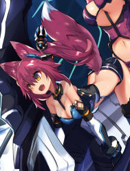 Rule 34 | 1girl, :d, all fours, animal ear fluff, animal ears, bare shoulders, breasts, cleavage, elbow gloves, fang, fox ears, fox girl, from side, gloves, hair between eyes, headgear, medium breasts, open mouth, original, panties, red hair, smile, solo focus, thighhighs, underwear, yellow eyes, yoshizawa tsubaki