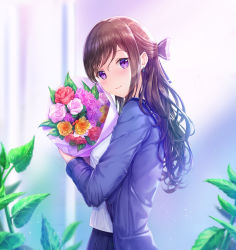 Rule 34 | 1girl, bad id, bad pixiv id, blouse, blue bow, blue jacket, blue skirt, blurry, blurry background, blush, bouquet, bow, breasts, brown hair, closed mouth, commentary, depth of field, earrings, english commentary, flower, from side, hair between eyes, head tilt, highres, holding, holding bouquet, jacket, jewelry, long hair, looking at viewer, looking to the side, lunacle, open clothes, open jacket, original, pink flower, pink rose, pleated skirt, purple eyes, purple flower, red flower, red rose, rose, shirt, skirt, small breasts, smile, solo, striped, striped bow, very long hair, white shirt, yellow flower, yellow rose