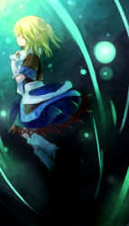 Rule 34 | 1girl, arm warmers, black footwear, black skirt, blonde hair, brown shirt, commentary request, full body, green background, green eyes, highres, looking at viewer, looking to the side, medium hair, mizuhashi parsee, pointy ears, profile, sash, scarf, shaded face, shang xiao (slick321), shirt, shoes, short ponytail, short sleeves, skirt, socks, solo, touhou, white sash, white scarf