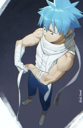 Rule 34 | 1boy, arm wrap, black star, blue hair, blue pants, closed mouth, commentary, from above, from side, grey background, highres, male focus, mekkichi, multiple scars, pants, scar, scar on arm, scar on face, scar on nose, scarf, shirt, shoes, short hair, sleeveless, sleeveless shirt, solo, soul eater, standing, star (symbol), symbol-only commentary, toned, toned male, twitter username, white scarf, white shirt, wrapping