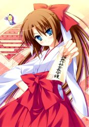 Rule 34 | 1girl, asa no ha (pattern), blue eyes, blush, bow, brown hair, closed mouth, diamic days, gohei, hair bow, hakama, hakama skirt, hand on own hip, head tilt, highres, himenogawa kanaka, holding, japanese clothes, looking at viewer, miko, ofuda, outstretched arm, ponytail, red bow, red hakama, red skirt, sesena yau, skirt, smile, solo, text focus