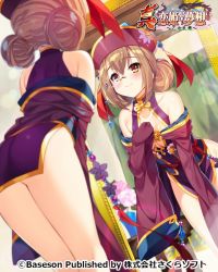 Rule 34 | 1girl, ass, breasts, brown dress, brown eyes, brown hair, brown kimono, bucchake (asami), china dress, chinese clothes, cleavage cutout, clothing cutout, double bun, dress, from behind, hair bun, hand on own chest, hat, japanese clothes, kimono, koihime musou, leaning forward, long hair, mirror, monocle, obi, off shoulder, reflection, ryomou, sash, short dress, sleeveless, sleeveless dress, sleeves past wrists, small breasts, smile, solo