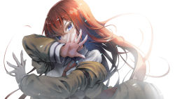 Rule 34 | 1girl, blue eyes, collared shirt, floating hair, hair between eyes, highres, jacket, kubota masaki, long hair, long sleeves, looking at viewer, makise kurisu, necktie, open clothes, open jacket, red hair, red necktie, shirt, simple background, solo, steins;gate, upper body, v-shaped eyebrows, white background, white shirt