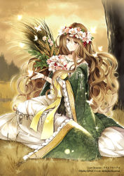 Rule 34 | 1girl, bouquet, brown eyes, brown hair, collarbone, flower, flower on head, grass, hagiwara rin, head wreath, jewelry, last chronicle, long hair, looking at viewer, necklace, official art, original, sitting, smile, solo, tree, very long hair, wide sleeves