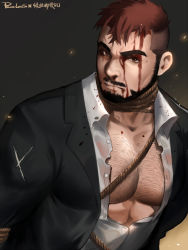 Rule 34 | 1boy, abs, bara, bare pectorals, beard, black hair, black suit, blood, blood on clothes, blood on face, bound, bound wrists, brown eyes, chest hair, facial hair, formal, frown, highres, jacket, large pectorals, looking at viewer, male focus, midriff peek, multicolored hair, muscular, muscular male, open clothes, open jacket, open shirt, original, pectoral cleavage, pectoral focus, pectorals, powerlesssong, red hair, see-through, shibari, shirt, short hair, solo, suit, two-tone hair, undercut, upper body, wet, wet clothes, wet shirt, white shirt