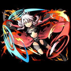 Rule 34 | 1girl, archer (fate), archer (fate) (cosplay), black footwear, black shorts, boots, bridal gauntlets, chloe von einzbern, cosplay, dark-skinned female, dark skin, divine gate, fate/kaleid liner prisma illya, fate (series), flat chest, floating hair, full body, grin, hair between eyes, highres, long hair, looking at viewer, midriff, navel, orange eyes, outstretched arms, pink hair, shadow, short shorts, shorts, smile, solo, stomach, sword, transparent background, ucmm, weapon