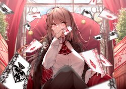 Rule 34 | 1girl, ahoge, ascot, black jacket, black pants, blazer, breasts, brown hair, card, club (shape), collared shirt, heart, highres, holding, holding card, jacket, jacket on shoulders, large breasts, long hair, original, pants, playing card, red ascot, red eyes, samip, shirt, sitting, solo, spade (shape), white shirt