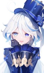 Rule 34 | 1girl, :d, a.a (aa772), ahoge, black gloves, black jacket, blue eyes, blue hair, blue hat, commentary request, frilled sleeves, frills, furina (genshin impact), genshin impact, gloves, grey hair, hands up, hat, highres, jacket, long sleeves, looking at viewer, multicolored hair, open mouth, simple background, smile, solo, teeth, tilted headwear, top hat, two-tone hair, upper teeth only, white background
