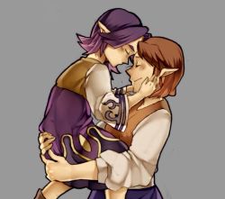 Rule 34 | 1boy, 1girl, age difference, anju, brown hair, closed eyes, forehead-to-forehead, heads together, height difference, kafei, neaze, nintendo, pointy ears, purple hair, short hair, the legend of zelda, the legend of zelda: majora&#039;s mask
