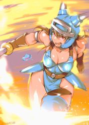 Rule 34 | 1girl, armor, bad id, bad twitter id, blue armor, blue thighhighs, breasts, brown gloves, brown hair, cleavage, daisy (dq), dragon quest, dress, fake horns, faulds, gloves, helmet, horned helmet, horns, large breasts, long hair, ojo (dfreak), red eyes, running, solo, sword, thighhighs, weapon