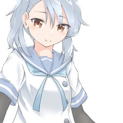 Rule 34 | 1girl, arm warmers, blue hair, blue neckwear, blue ribbon, blue sailor collar, brown eyes, commentary request, fukae (kancolle), highres, kantai collection, looking at viewer, ribbon, sailor collar, school uniform, serafuku, simple background, smile, solo, upper body, white background, yumemi kusamochi