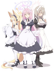 3girls alternate_costume angel_wings animal animal_ear_fluff animal_ears apron bare_shoulders bird black_dress black_pantyhose blonde_hair blue_archive boots breasts brown_hair cleavage commentary detached_sleeves dress enmaided extra_ears feathered_wings fox_ears frilled_apron frills halo high_heel_boots high_heels highres juliet_sleeves large_breasts long_hair long_sleeves maid maid_apron maid_headdress mika_(blue_archive) multiple_girls nagisa_(blue_archive) pantyhose pink_hair pink_halo puffy_sleeves satou_kibi seia_(blue_archive) simple_background tea_party_(blue_archive) white_apron white_background white_bird white_pantyhose white_wings wings yellow_eyes