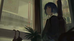 Rule 34 | 1girl, black hoodie, blue hair, blurry, blurry foreground, bocchi the rock!, closed mouth, earphones, guitar case, hair ornament, hairclip, hands in pockets, hashtag-only commentary, highres, hood, hoodie, indoors, instrument case, mole, mole under eye, no smoking, plant, seistfu, shirt, short hair, sidelocks, solo, standing, umbrella, vending machine, white shirt, wing collar, yamada ryo, yellow eyes