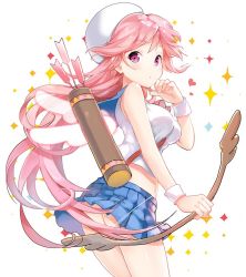 Rule 34 | 1girl, arrow (projectile), ass, between breasts, blouse, blue sailor collar, blush, bow, bow (weapon), breasts, commentary request, cowboy shot, hand up, hat, holding, holding bow (weapon), holding weapon, looking at viewer, original, pink eyes, pink hair, pleated skirt, quiver, sailor collar, school uniform, serafuku, shirt, sibyl, skirt, sleeveless, solo, strap between breasts, weapon, white hat, white shirt, wings, wristband