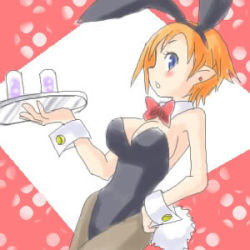 Rule 34 | animal ears, blue eyes, blush, breasts, disgaea, drink, fake animal ears, hand on own hip, hip focus, large breasts, looking at viewer, lowres, magic knight (disgaea), open mouth, orange hair, playboy bunny, rabbit ears