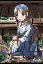 Rule 34 | 1girl, blue eyes, blue hair, blush, cucumber, food, full body, highres, japanese clothes, kantai collection, kimono, long hair, looking at viewer, market, one-hour drawing challenge, open mouth, outdoors, samidare (kancolle), seitei (04seitei), shoes, sitting, solo, twitter username, vegetable, very long hair, yukata